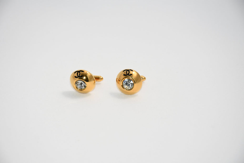 Chanel Cufflinks GP gold logo silver crystal Good
