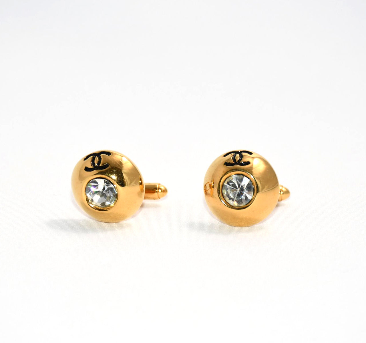 Chanel Cufflinks GP gold logo silver crystal Good
