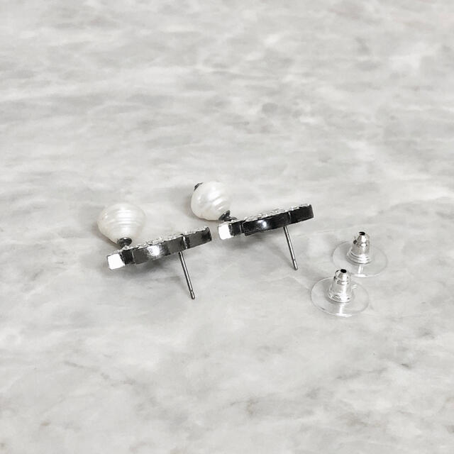 Chanel Earrings CC Logo Black Silver Rhinestone drop pearl
