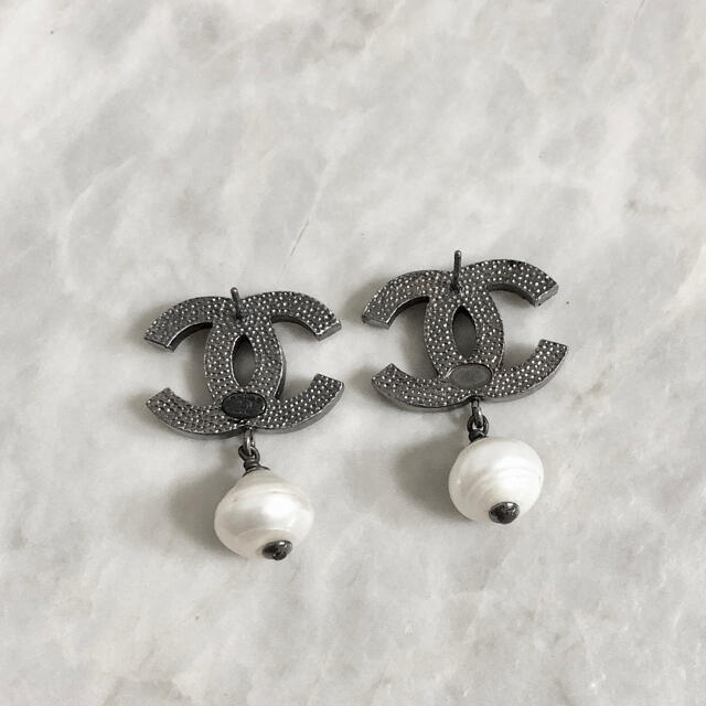 Chanel Earrings CC Logo Black Silver Rhinestone drop pearl