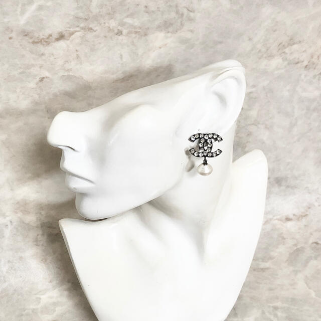 Chanel Earrings CC Logo Black Silver Rhinestone drop pearl