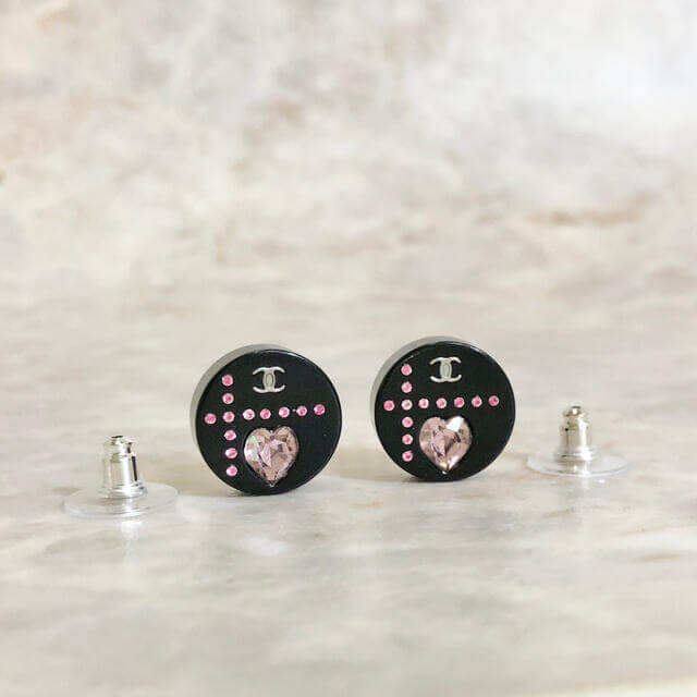 Chanel Earrings round black pink Heart Rhinestone CC Logo 112