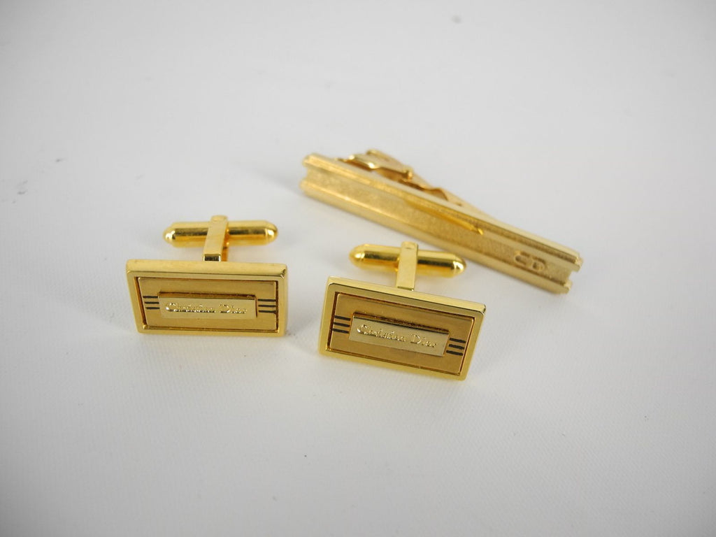 Christian Dior Cufflinks & Tie Clip square gold logo