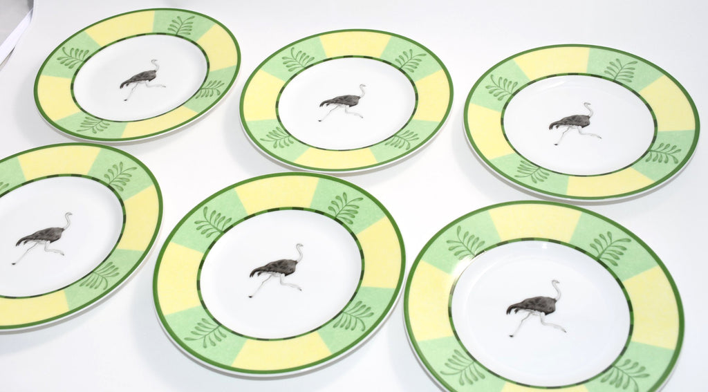 Hermes Africa Bread Plate 16 cm green porcelain cake dessert ostrich Set of 6
