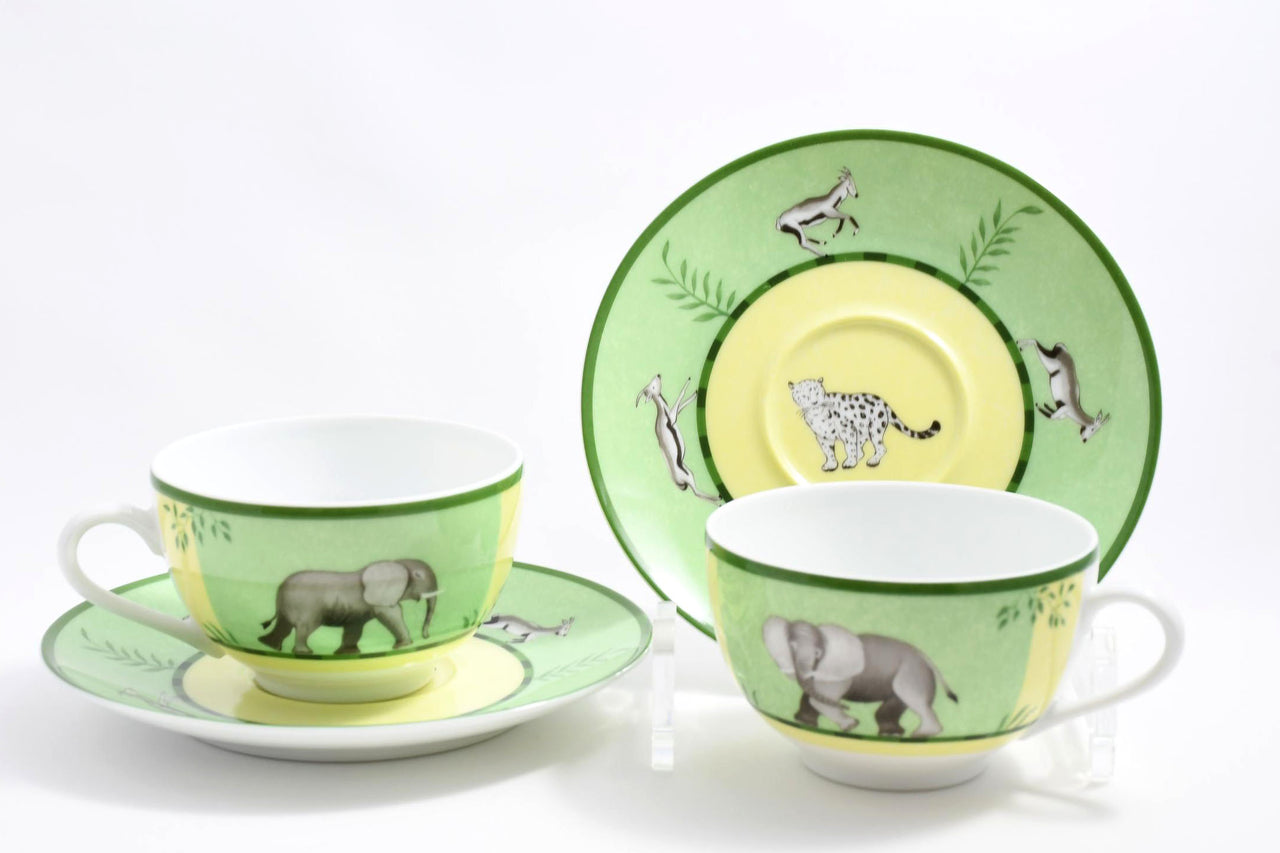 Hermes Africa Tea Cup and Saucer 2 set Green porcelain animal coffee m08