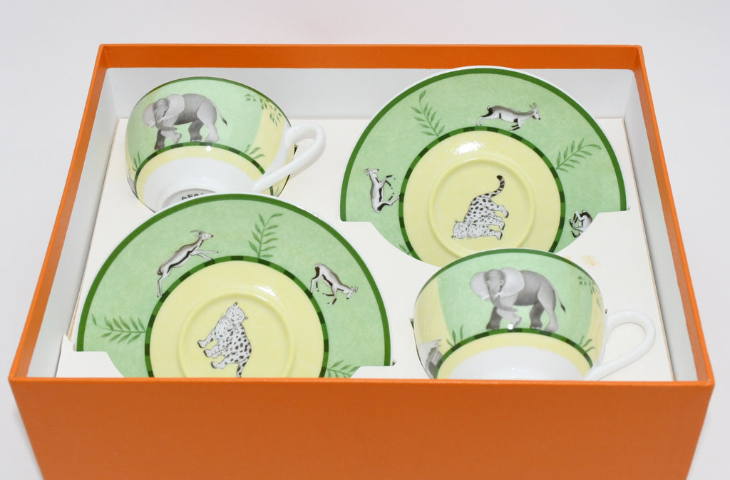 Hermes Africa Tea Cup and Saucer 2 set Green porcelain coffee animal 0258