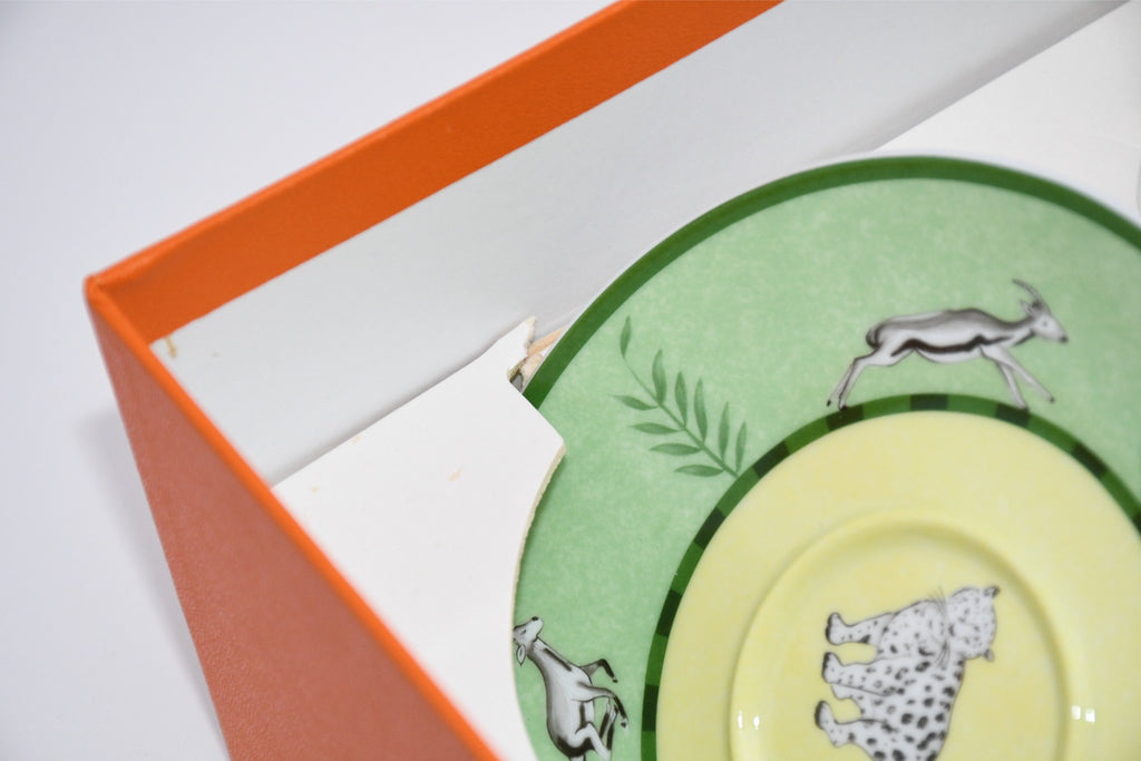 Hermes Africa Tea Cup and Saucer 2 set Green porcelain coffee animal 0258