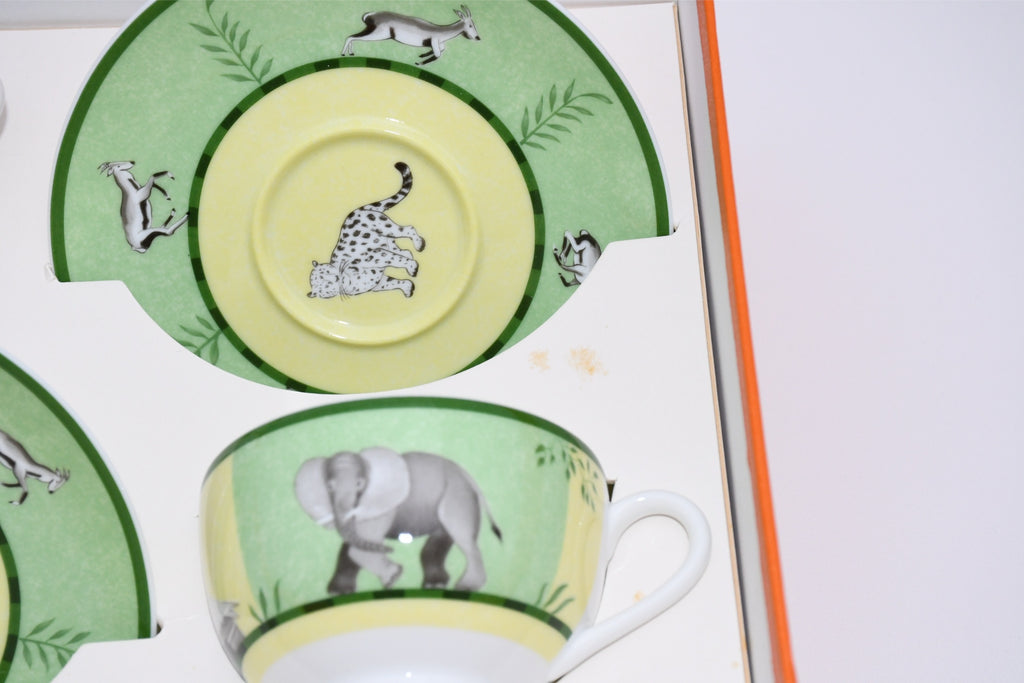 Hermes Africa Tea Cup and Saucer 2 set Green porcelain coffee animal 0258