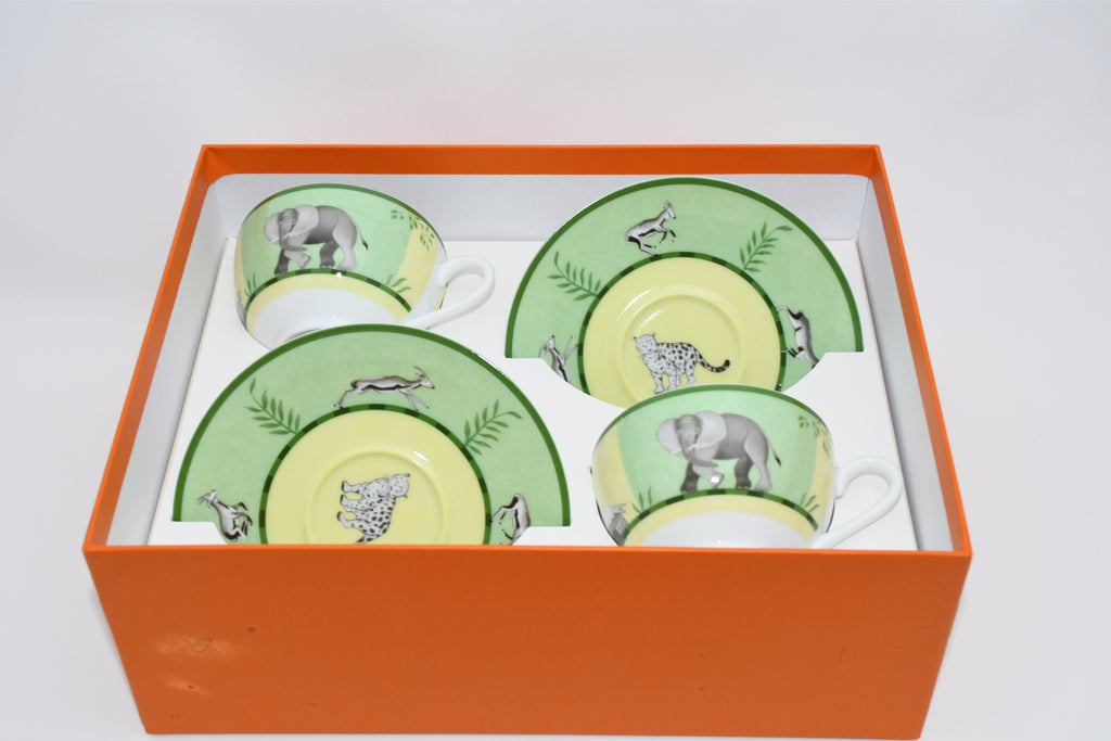 Hermes Africa Tea Cup and Saucer 2 set Green porcelain coffee animal 0205