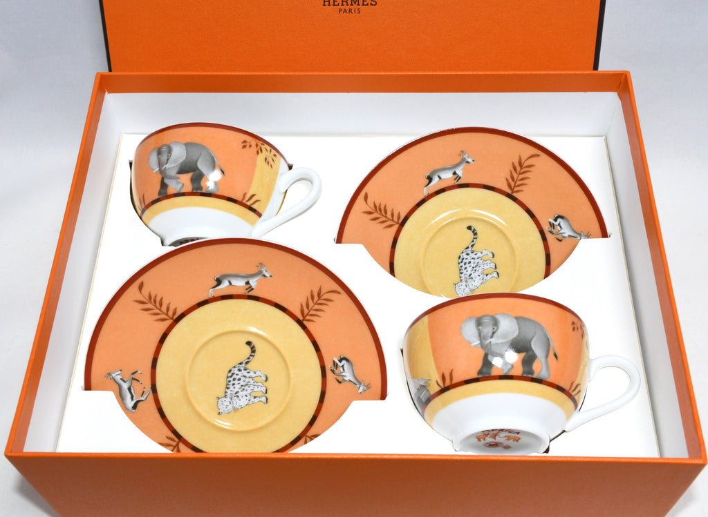 Hermes Africa Tea Cup and Saucer 2 set orange porcelain dinnerware coffee animal M0