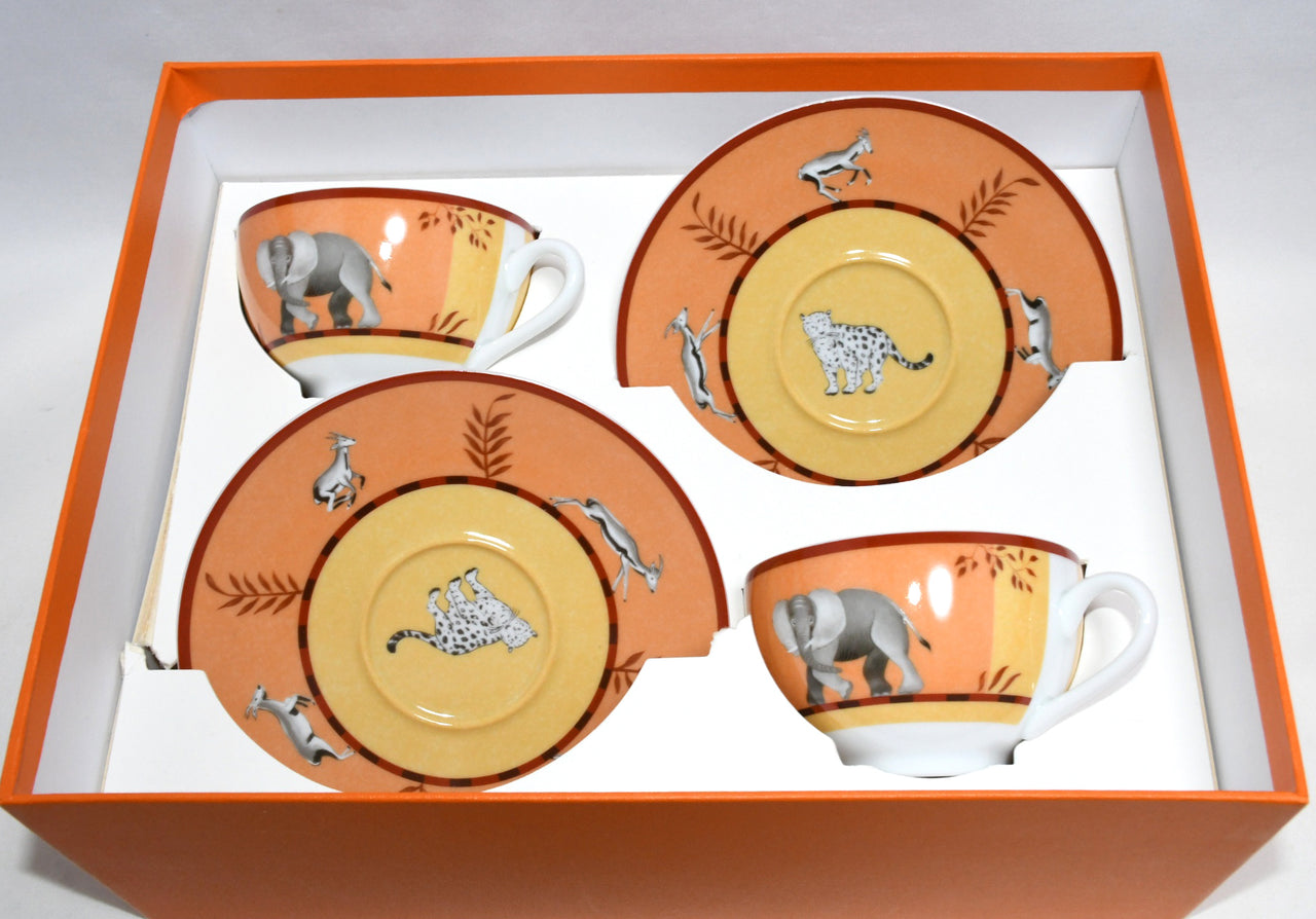 Hermes Africa Tea Cup and Saucer 2 set orange porcelain dinnerware coffee animal 029