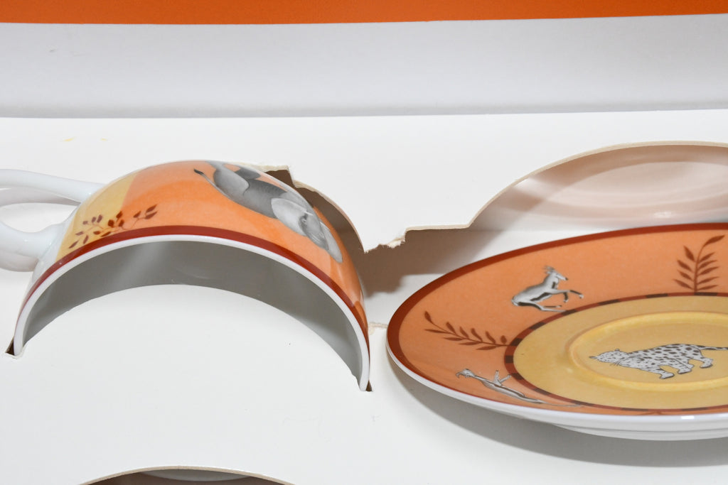 Hermes Africa Tea Cup and Saucer 2 set orange porcelain dinnerware coffee animal 029