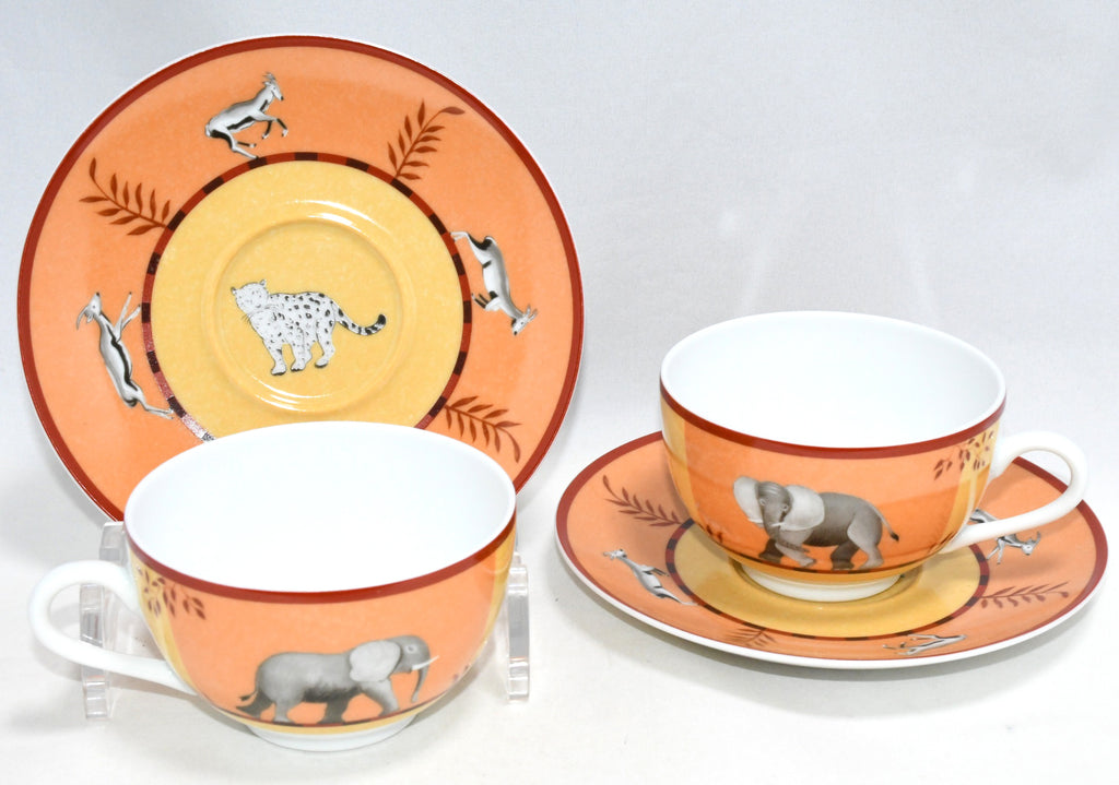 Hermes Africa Tea Cup and Saucer 2 set orange porcelain dinnerware coffee animal M0