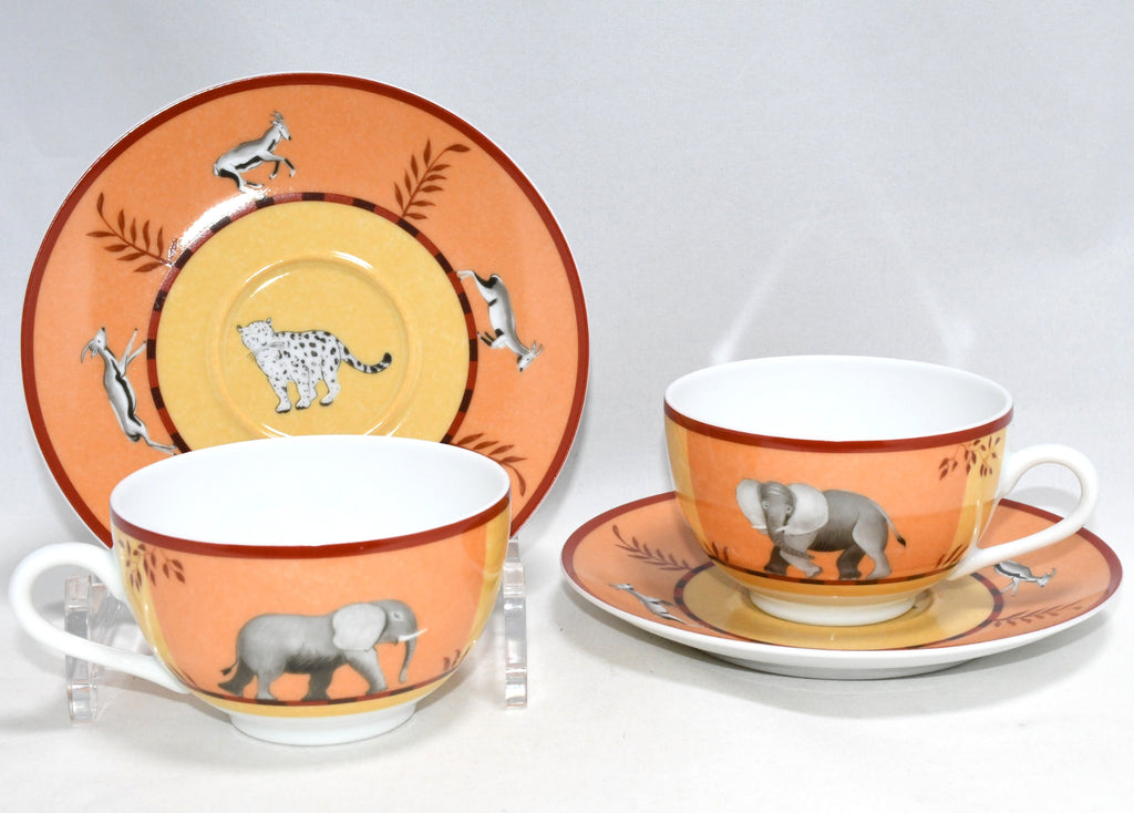 Hermes Africa Tea Cup and Saucer 2 set orange porcelain dinnerware coffee animal M0