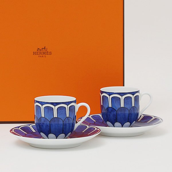 Hermes Bleus d'Ailleurs Demitasse Cup and Saucer 2 set blue