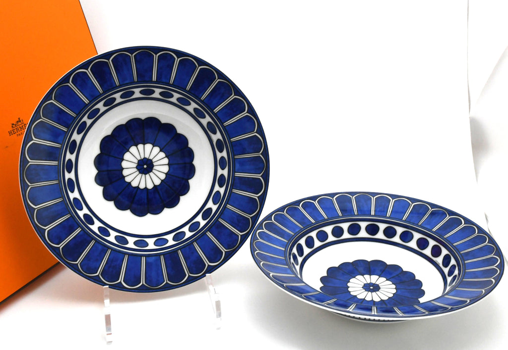 Hermes Bleus d'Ailleurs Set of 2 Pasta Plate porcelain soup dinner 24 cm M014