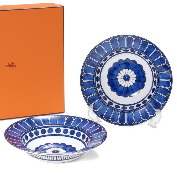 Hermes Bleus d'Ailleurs Set of 2 Pasta Plate porcelain soup dinner 24 cm