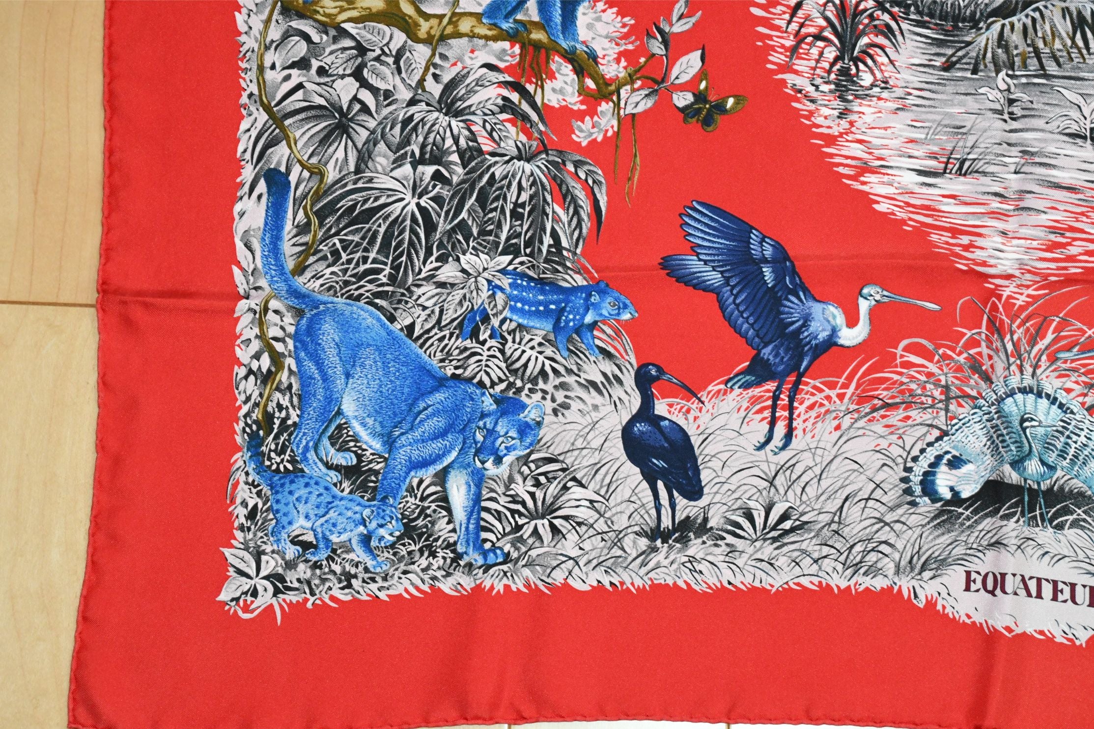 HERMES レッド エスパドリーユ イルカ刺繍 Hermes Carre Wash Scarf EQUATEUR 90 cm silk red Carre panther