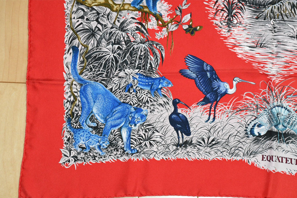 Hermes Carre Wash Scarf EQUATEUR 90 cm silk red Carre panther jaguar cheetah