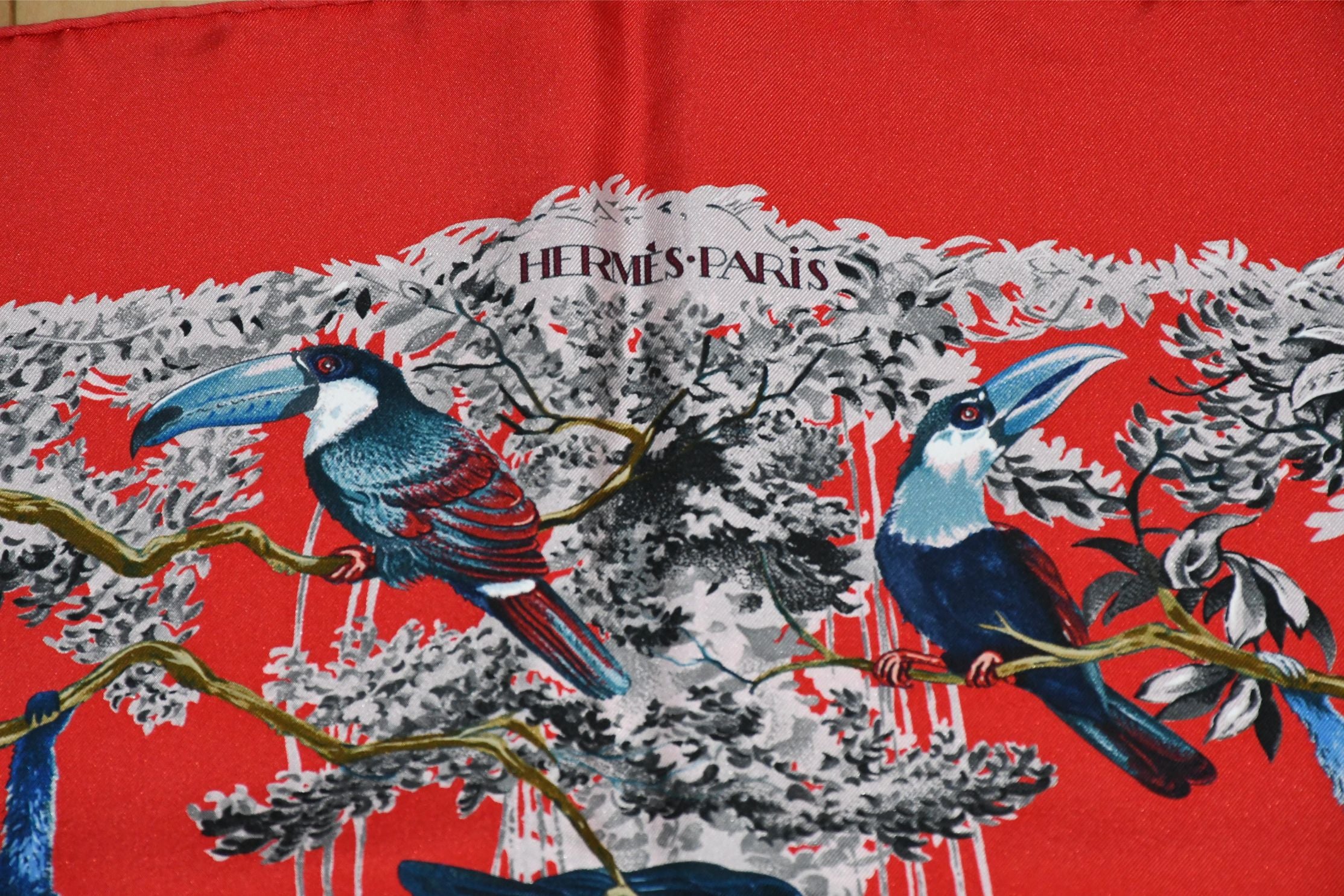 HERMES レッド エスパドリーユ イルカ刺繍 Hermes Carre Wash Scarf EQUATEUR 90 cm silk red Carre panther