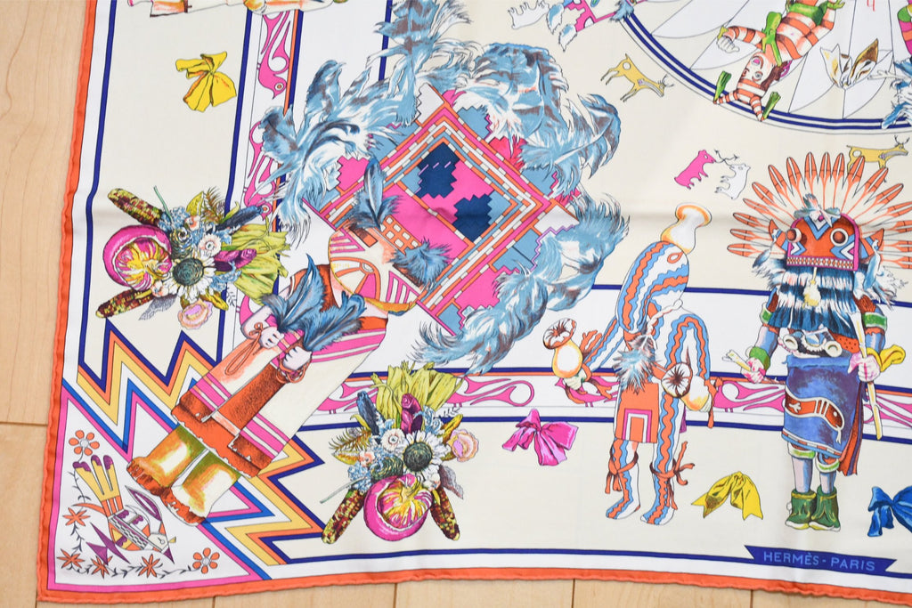 Hermes Carre Wash Scarf Kachina by Kermit Oliver 90 cm silk native white pink