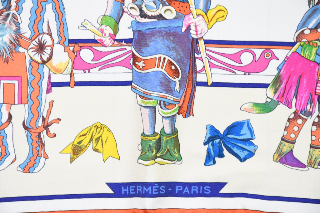Hermes Carre Wash Scarf Kachina by Kermit Oliver 90 cm silk native white pink