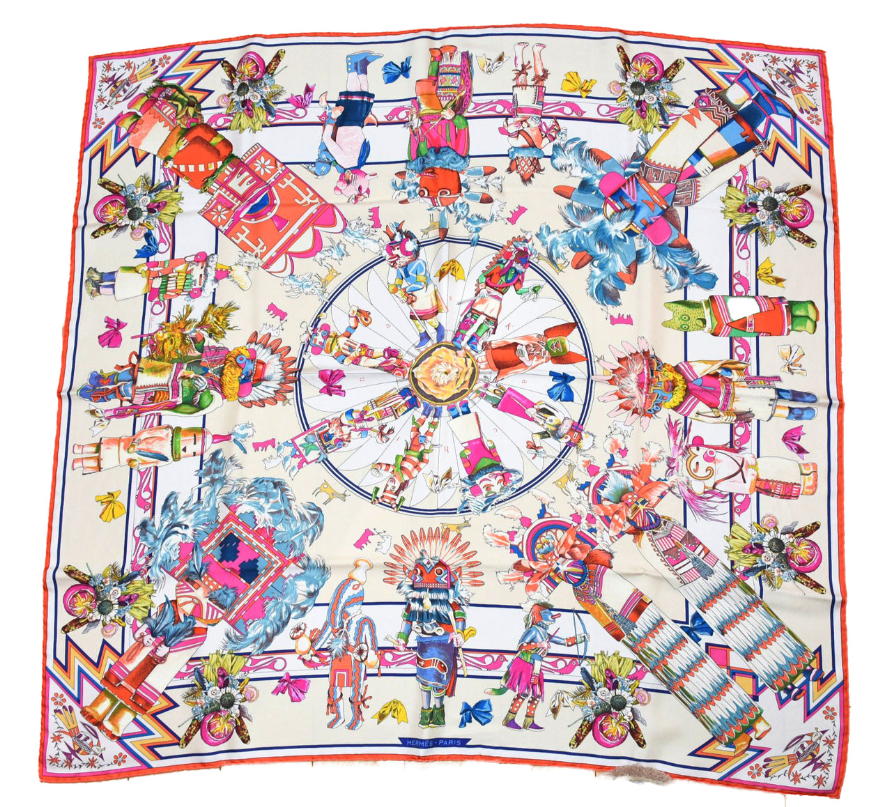 Hermes Carre Wash Scarf Kachina by Kermit Oliver 90 cm silk native white pink