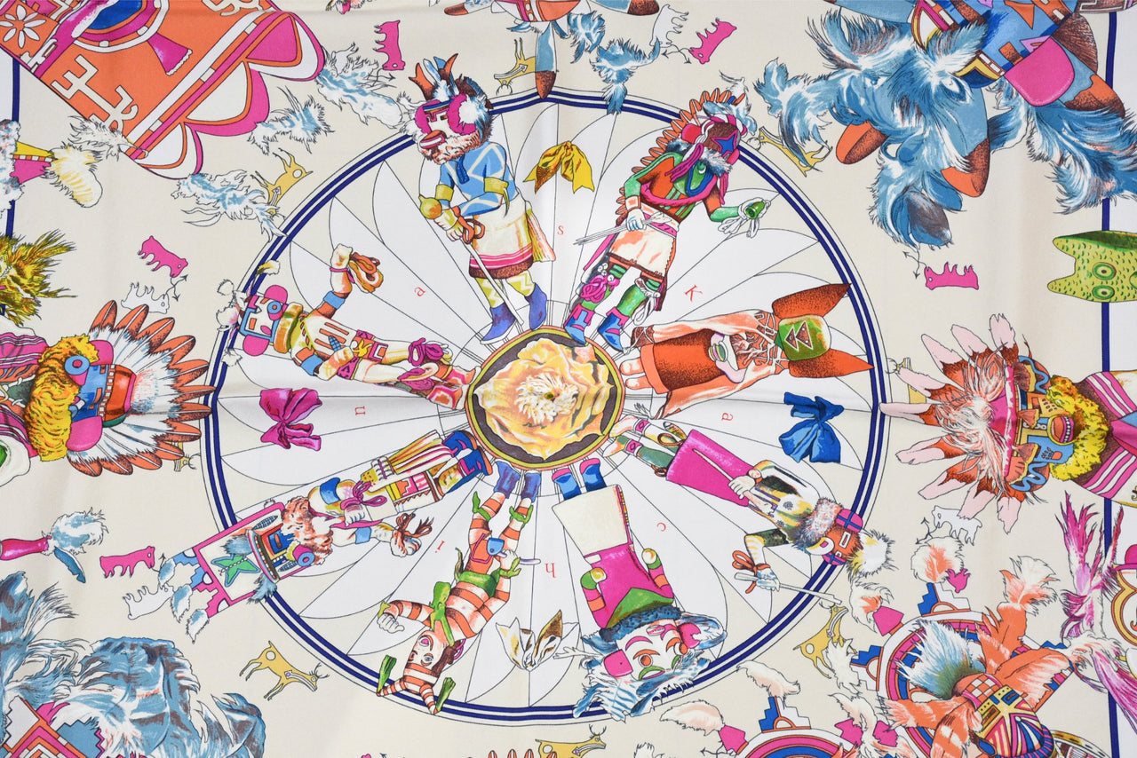 Hermes Carre Wash Scarf Kachina by Kermit Oliver 90 cm silk native white pink
