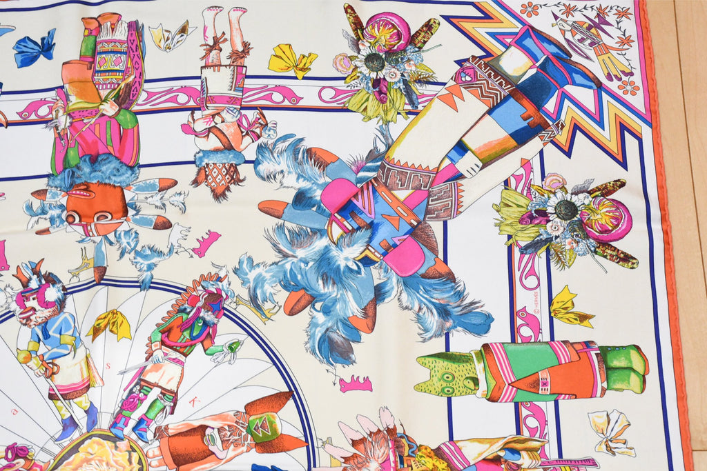 Hermes Carre Wash Scarf Kachina by Kermit Oliver 90 cm silk native white pink