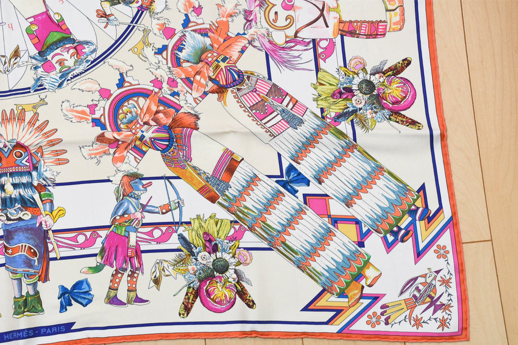 Hermes Carre Wash Scarf Kachina by Kermit Oliver 90 cm silk native white pink