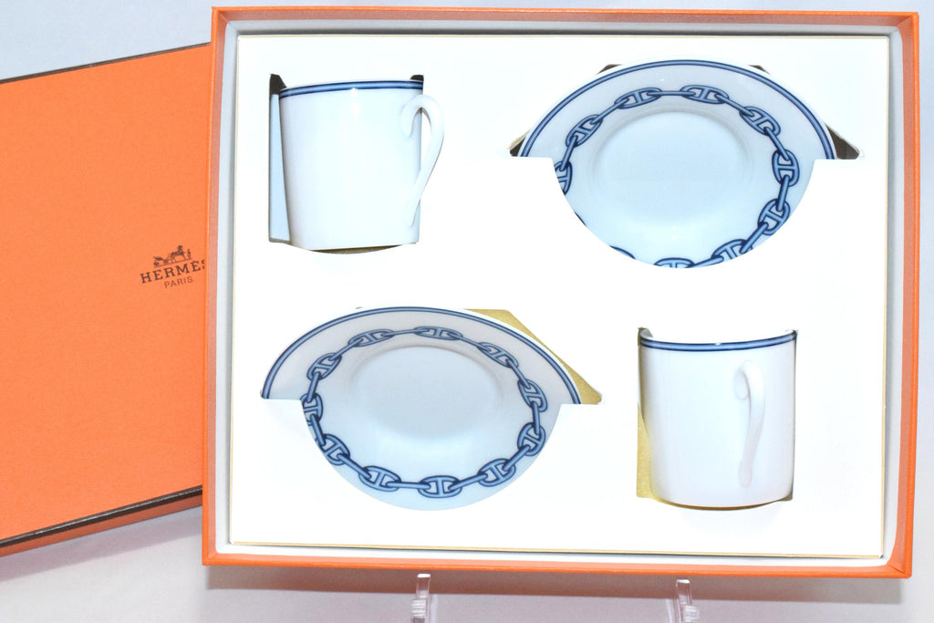 Hermes Chaine D'ancre Demitasse Cup and Saucer 2 set Blue Espresso Dinnerware M21