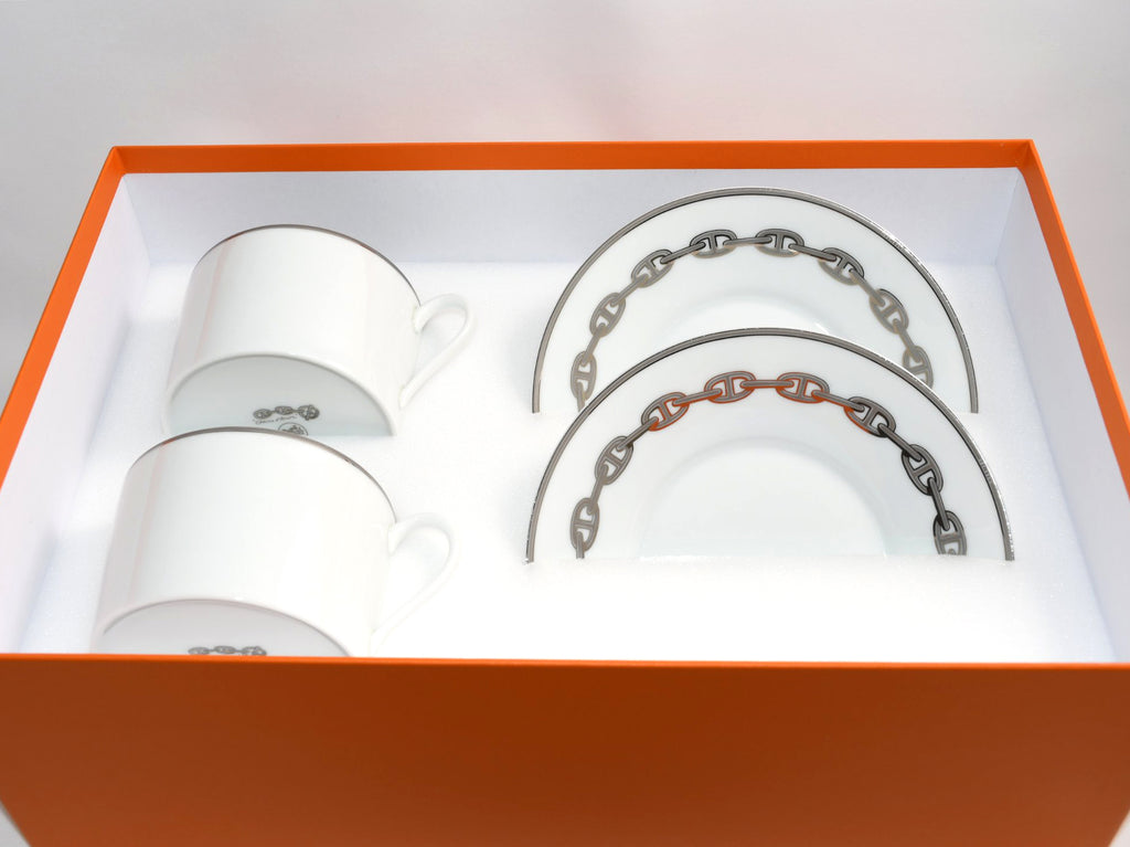 Hermes Chaine D'ancre Morning Cup and Saucer 2 set Platinum silver tea coffee cappuccino
