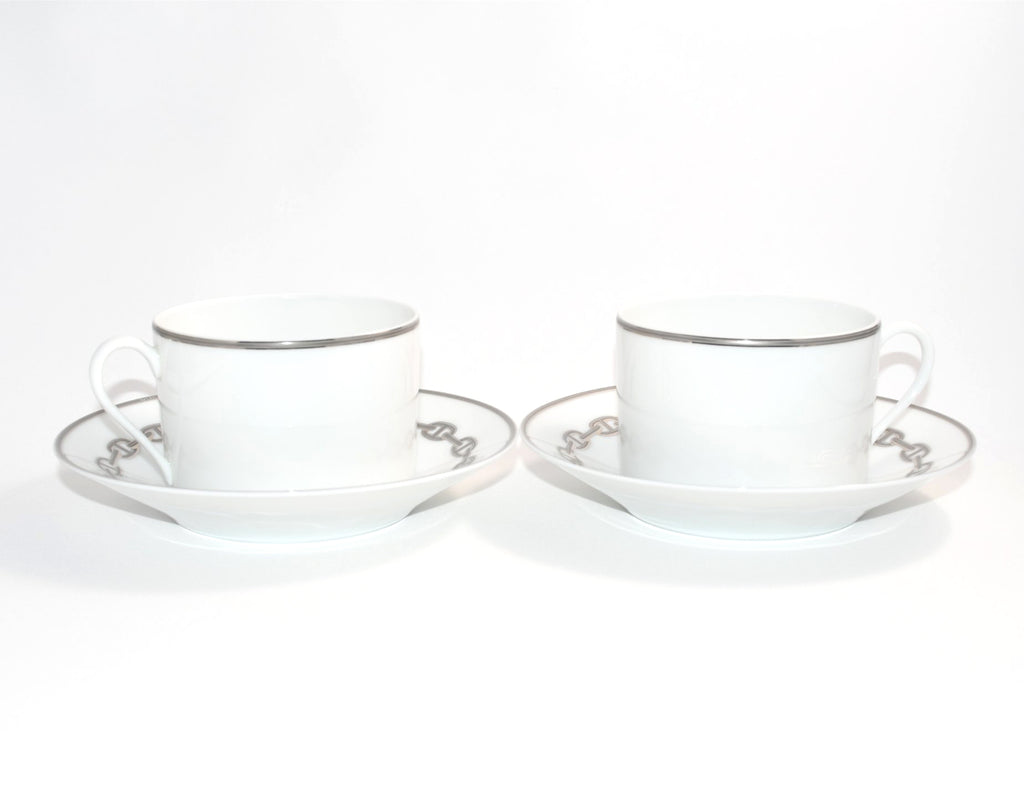 Hermes Chaine D'ancre Morning Cup and Saucer 2 set Platinum silver tea coffee cappuccino