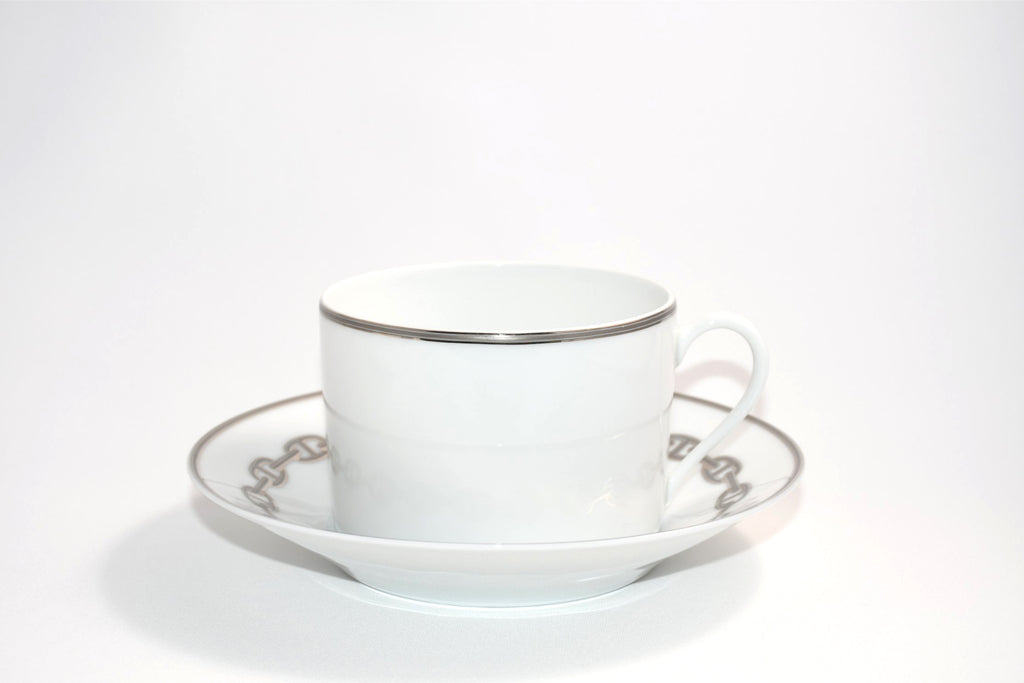 Hermes Chaine D'ancre Morning Cup and Saucer 2 set Platinum silver tea coffee cappuccino