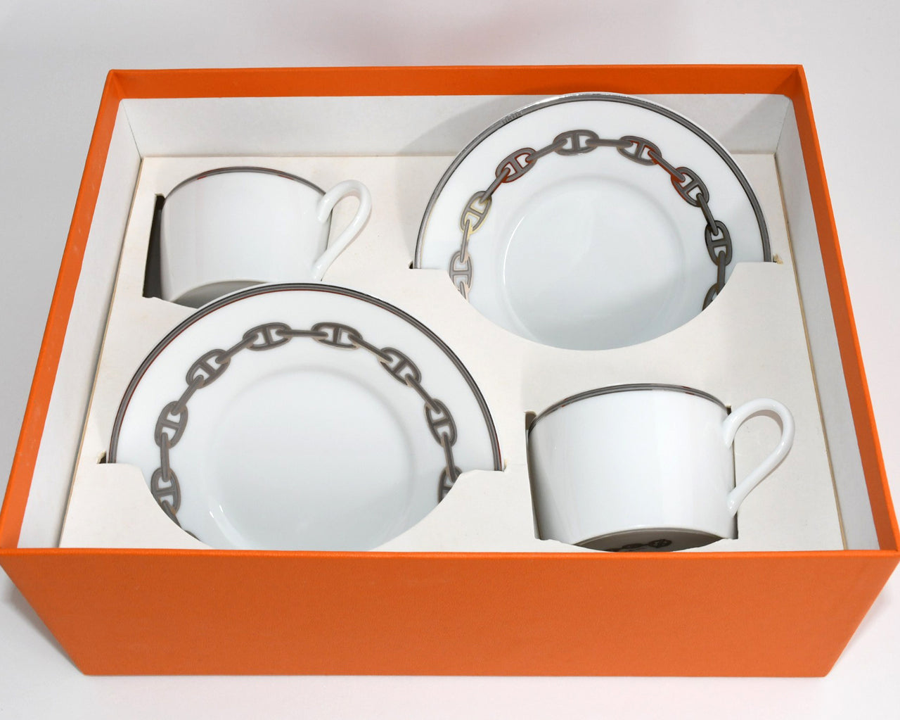Hermes Chaine D'ancre Tea Cup and Saucer 2 set Platinum silver coffee dinnerware 03