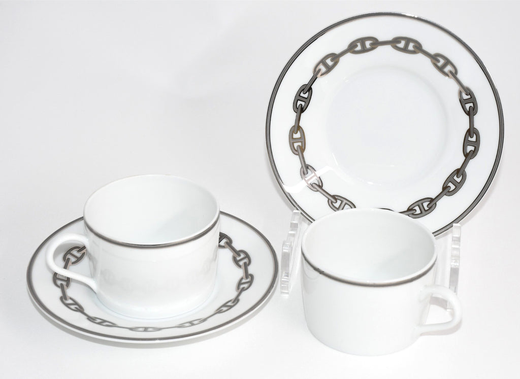 Hermes Chaine D'ancre Tea Cup and Saucer 2 set Platinum silver coffee EX+