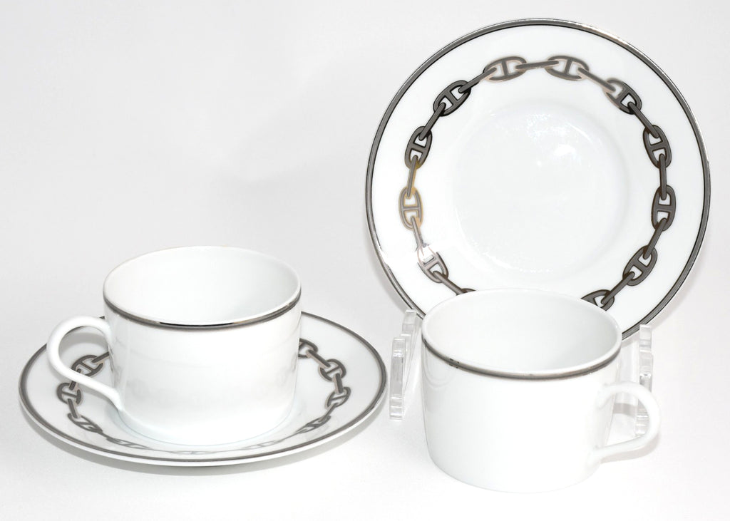 Hermes Chaine D'ancre Tea Cup and Saucer 2 set Platinum silver coffee EX+
