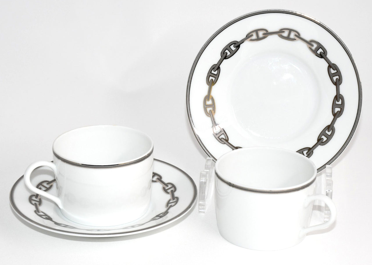 Hermes Chaine D'ancre Tea Cup and Saucer 2 set Platinum silver coffee EX+