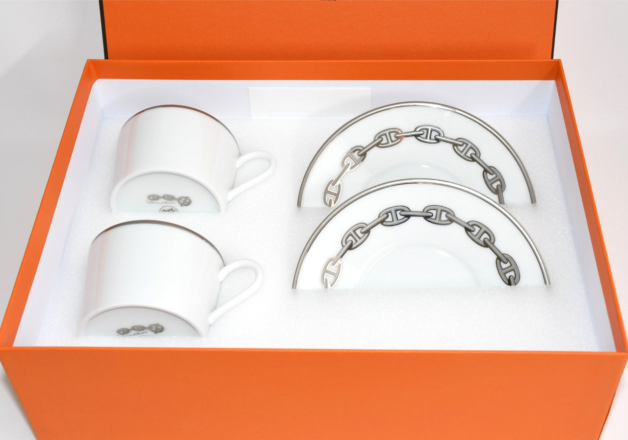 Hermes Chaine D'ancre Tea Cup and Saucer 2 set Platinum silver coffee dinnerware