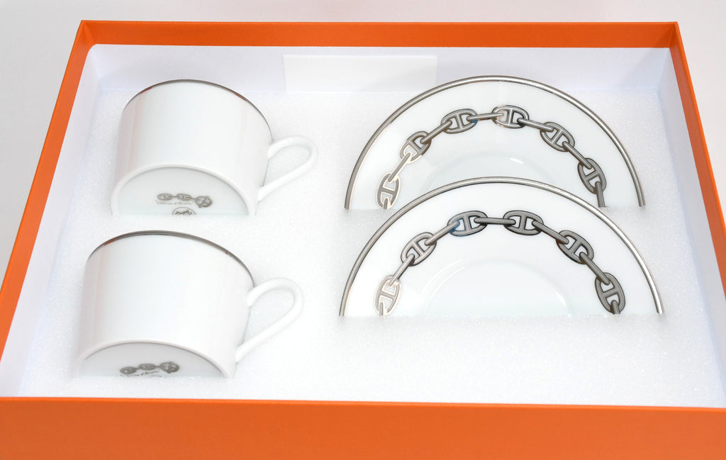 Hermes Chaine D'ancre Tea Cup and Saucer 2 set Platinum silver coffee dinnerware