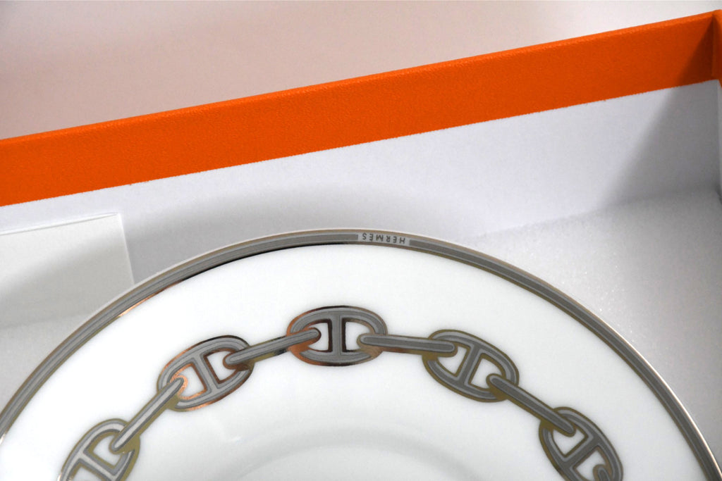 Hermes Chaine D'ancre Tea Cup and Saucer 2 set Platinum silver coffee dinnerware 03