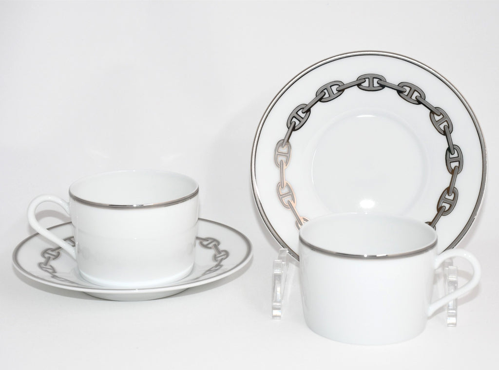 Hermes Chaine D'ancre Tea Cup and Saucer 2 set Platinum silver coffee dinnerware