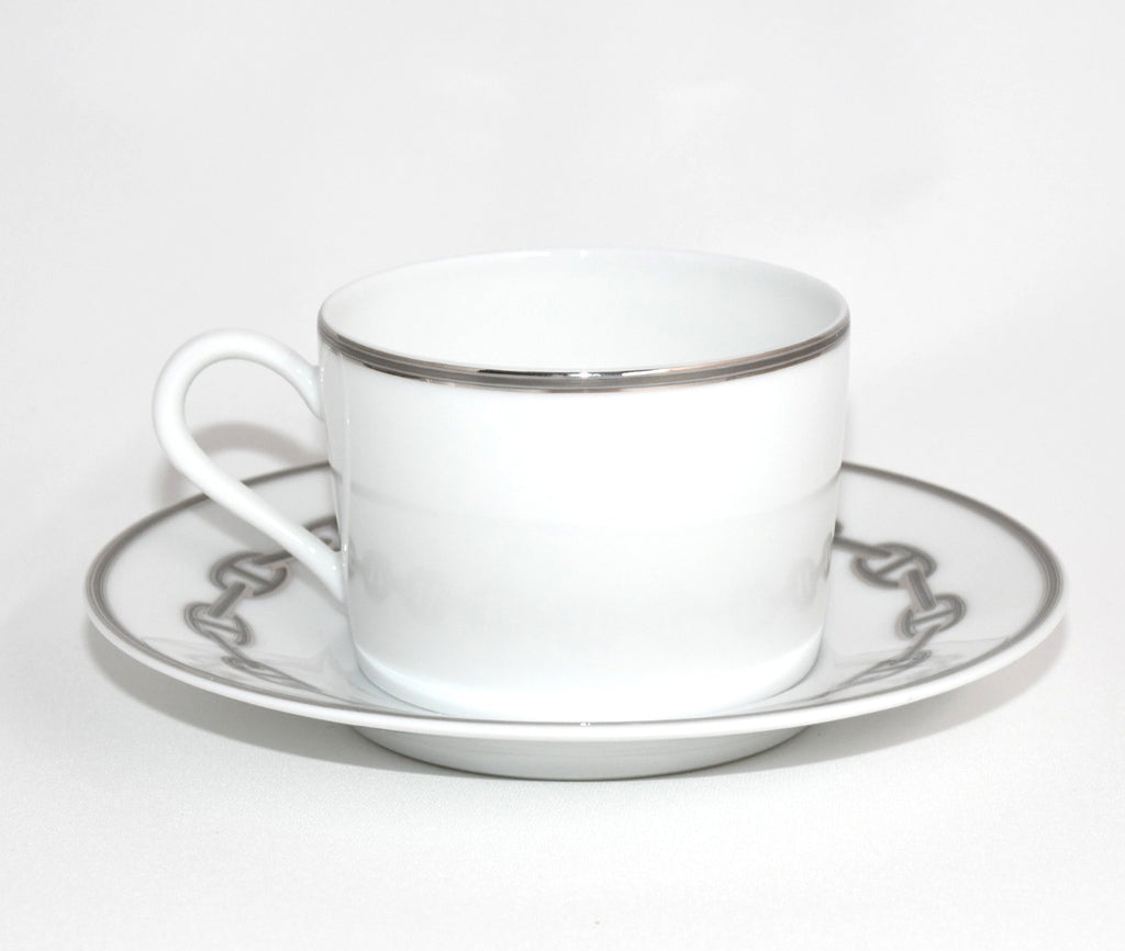 Hermes Chaine D'ancre Tea Cup and Saucer 2 set Platinum silver coffee dinnerware 03
