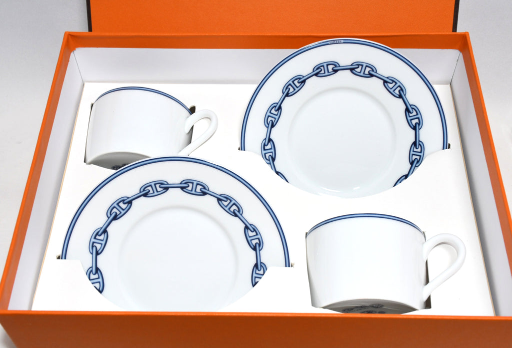 Hermes Chaine D'ancre Tea Cup and Saucer 2 set blue coffee dinnerware