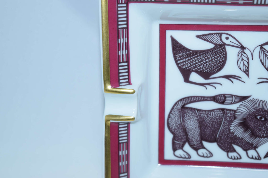 Hermes Change Tray Wine red 4 animal Porcelain Ashtray Dinnerware Lion bird