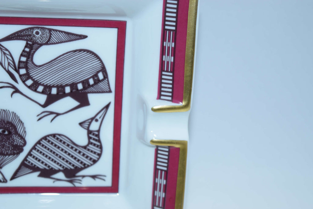Hermes Change Tray Wine red 4 animal Porcelain Ashtray Dinnerware Lion bird