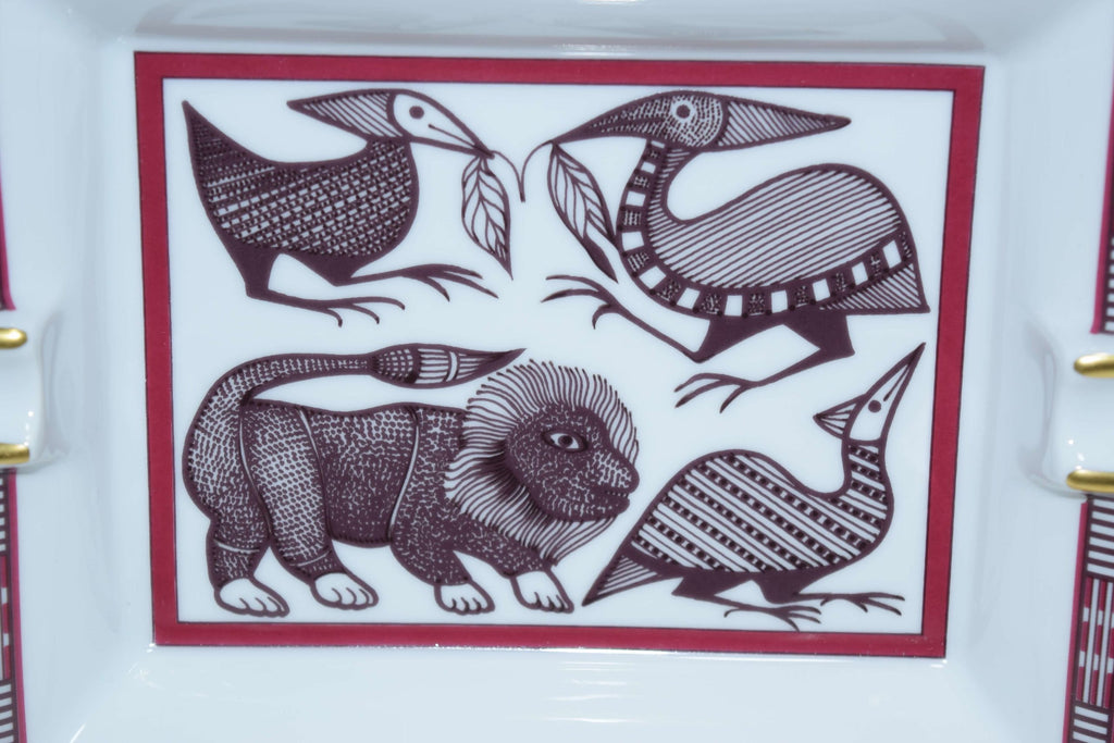 Hermes Change Tray Wine red 4 animal Porcelain Ashtray Dinnerware Lion bird