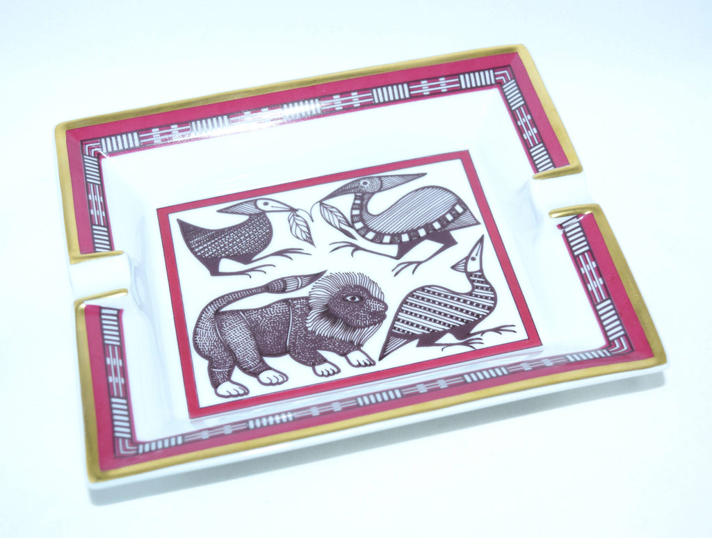 Hermes Change Tray Wine red 4 animal Porcelain Ashtray Dinnerware Lion bird