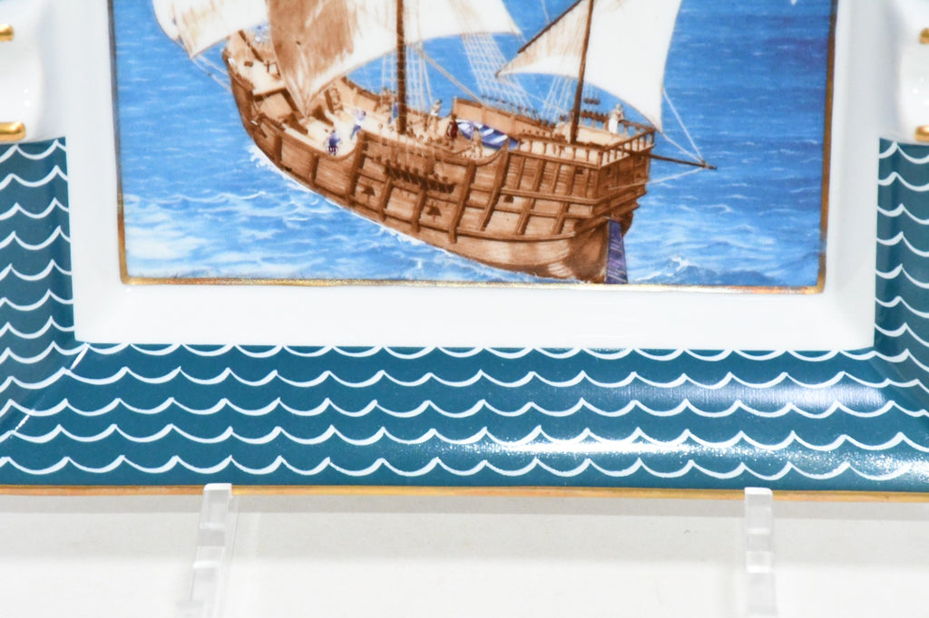 Hermes Change tray 1492. Christophorus C. blue porcelain Ashtray sailing ship