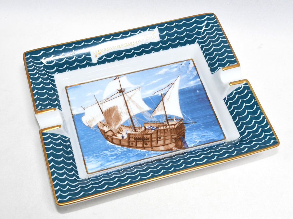 Hermes Change tray 1492. Christophorus C. blue porcelain Ashtray sailing ship